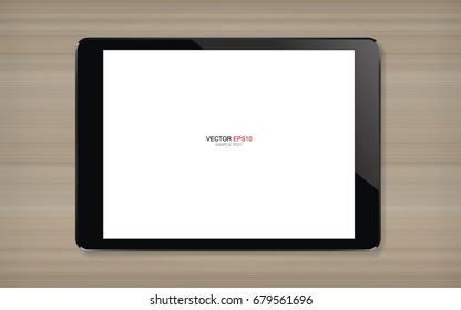 Digital tablet with blank screen area for copy space on wood background. Vector illustration.