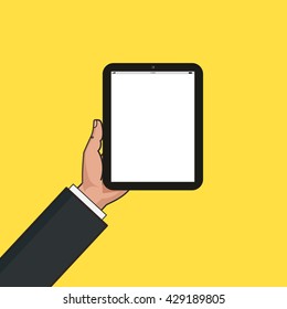 Digital tablet in businessman hands. Hands using tablet. Mockup of modern vertical tablet with touchscreen. Vector flat design