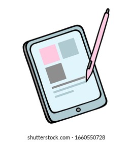 Digital tablet with chart. Planning and time-management. Vector device technology with pencil. Black outline illustration of electronic gadget