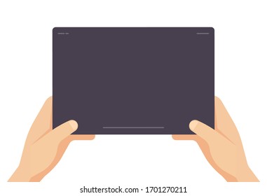 Digital tablet computer blank empty screen in human hand vector or person holding portable pc screen for copy space text and presentation flat cartoon illustration isolated on white background