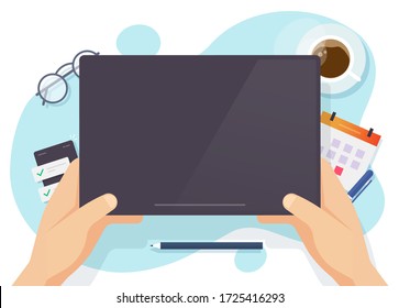 Digital tablet computer blank empty black screen for copy space text on working desk table or empty display in man hand above workplace vector illustration flat cartoon, work place office modern