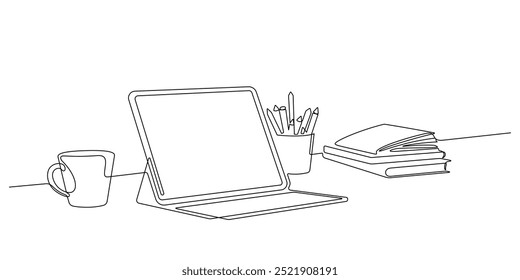 tablet digital computador com caixa de teclado no local de trabalho desktop e xícara de café, livros, suporte de lápis uma linha desenho ilustração arte minimalista