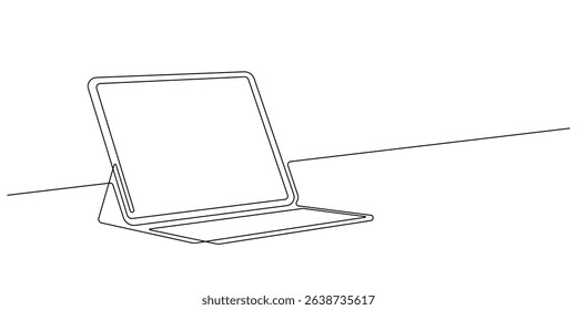 digital tablet computer with keyboard case workplace one line drawing continuous handdrawn minimalist copy space