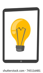 Computadora digital de tableta con una bombilla de luz en una imagen de dibujos animados vectoriales de pantalla aislada en fondo blanco.