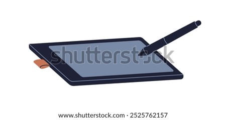 Digital tablet computer, stylus. Drawing pad, art tool with screen, graphic pen. Device for creative work, design, sketch. Professional gadget. Flat vector illustration isolated on white background