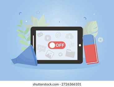 Tableta digital con iconos de datos y un interruptor de apagado que simboliza la limpieza y el desorden de los datos de la tableta para el bienestar digital. Concepto de limpieza digital. Ilustración vectorial
