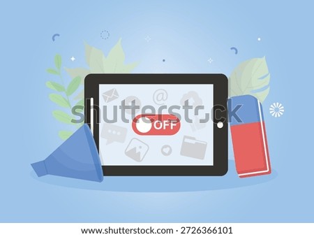 Digital Tablet Data Cleanup. digital tablet with data icons and an OFF toggle symbolizing cleaning and decluttering tablet data for digital wellness. Digital cleanup concept. Vector illustration