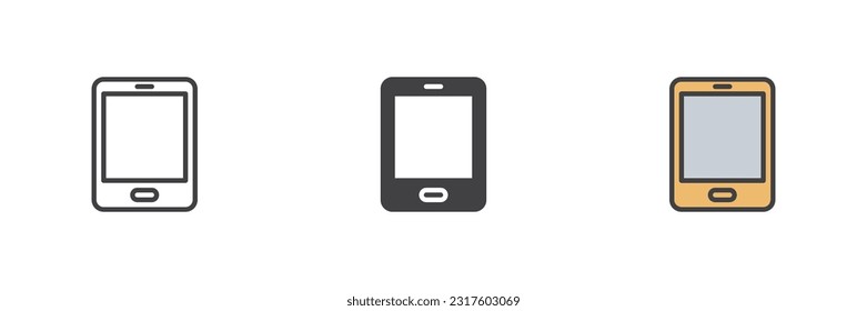 Conjunto de iconos de estilos diferentes para tableta digital. Línea, glifo y contorno relleno versión colorida, contorno y signo vectorial relleno. Símbolo, ilustración del logotipo. Gráficos vectoriales