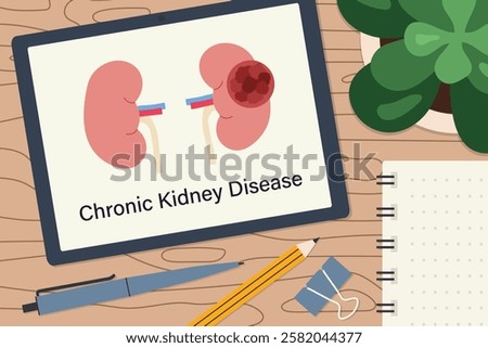 digital tablet displaying kidneys with CKD Chronic Kidney Disease; medical and educational content; awareness, diagnosis of CKD concept - vector illustration