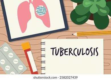 digital tablet displaying lungs infected with bacteria and spiral notebook with tuberculosis word - vector illustration