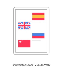 Digital Tablet Displaying National Flags In Flat Vector Illustration Symbolizing Language Learning, Global Communication, And Multilingual Education, Isolated On White Background.