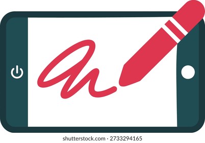 Una tableta digital muestra un lápiz óptico rojo que firma una firma en su pantalla blanca. La tableta tiene un ícono de Botón de energía y un Botón circular en sus lados.