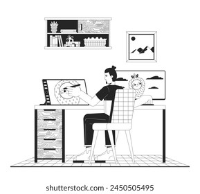 Digital tablet drawing black and white cartoon flat illustration. Male artist with stylus pen at table 2D lineart character isolated. Technology in everyday life monochrome scene vector outline image