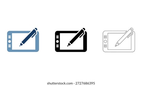 Digitales Tablet mit Zeichenstift-Icon-Set fest, bunt und Linienstile für kreative Designarbeit