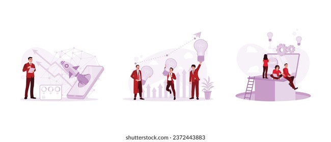 Digital tablet with flying rocket icon. Develop yourself with various ideas. Employees are working together. Business Startup concept. Set Trend Modern vector flat illustration