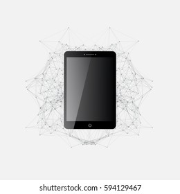 Diseño de la ilustración de conexiones de red globales de Tablet digital | Malla geométrica con líneas y círculos | Concepto de comunicación
