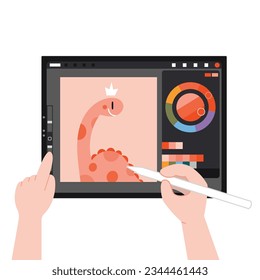 Digital tablet and hands drawing on it, graphic editor interface, palette and color wheel, cartoon style. Art supplies. Trendy modern vector illustration isolated on white, hand drawn, flat design