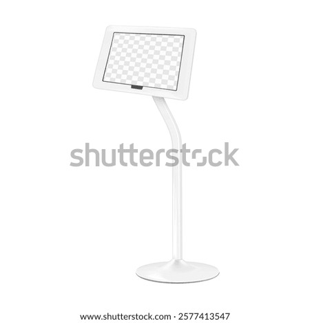 Digital tablet holder on metal base with transparent screen vector mockup. Floor pad podium stand mock-up. Menu information display board. Template for design