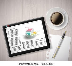 digital tablet with info graphics and a cup of coffee