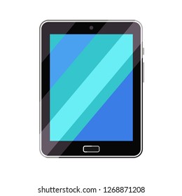Digital tablet isolated on white background. Black pc computer with blue screen. Vector illustration in flat style.