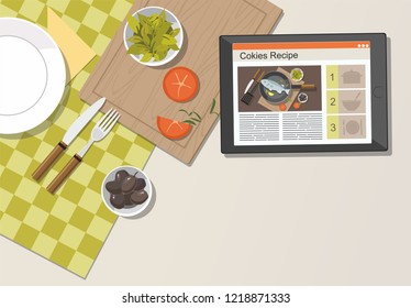 Digital tablet in kitchen with fresh herbs, tomatoes. Recipe on website. Vector Illustration