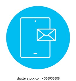 Digital tablet with message line icon for web, mobile and infographics. Vector white icon on the light blue circle isolated on white background.