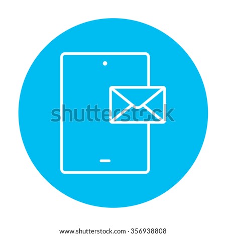 Digital tablet with message line icon for web, mobile and infographics. Vector white icon on the light blue circle isolated on white background.