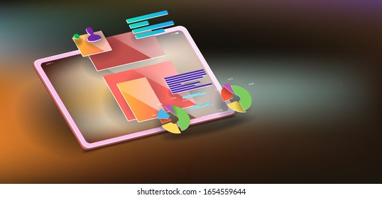 Digital tablet on a brown background, and the interface of the mobile application space. Vector banner