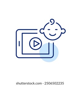 Digital tablet with play button on it and smiling baby face. Video content for children. Watching cartoons online. Pixel perfect, editable stroke icon