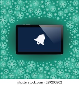 Digital tablet with shiny sensor screen on snow flakes Christmas and New Year background. Electronic smart device. Mobile gadget. Vector illustration