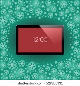 Digital tablet with shiny sensor screen on snow flakes Christmas and New Year background. Electronic smart device. Mobile gadget. Vector illustration