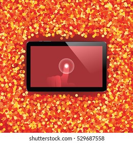 Digital tablet with shiny sensor screen with touch hand on holiday event confetti spray background. Electronic smart device. Mobile gadget. Vector illustration