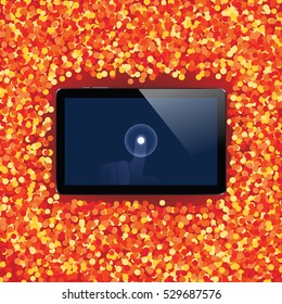 Digital tablet with shiny sensor screen with touch hand on holiday event confetti spray background. Electronic smart device. Mobile gadget. Vector illustration