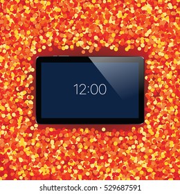 Digital tablet with shiny sensor screen on holiday event confetti spray background. Electronic smart device. Mobile gadget. Vector illustration