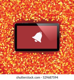 Digital tablet with shiny sensor screen on holiday event confetti spray background. Electronic smart device. Mobile gadget. Vector illustration