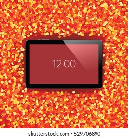 Digital tablet with shiny sensor screen on holiday event confetti spray background. Electronic smart device. Mobile gadget. Vector illustration