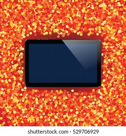 Digital tablet with shiny sensor screen on holiday event confetti spray background. Electronic smart device. Mobile gadget. Vector illustration