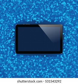 Digital tablet with shiny sensor screen on holiday event confetti spray background. Electronic smart device. Mobile gadget. Vector illustration