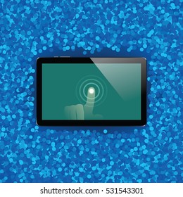 Digital tablet with shiny sensor screen with touch hand on holiday event confetti spray background. Electronic smart device. Mobile gadget. Vector illustration