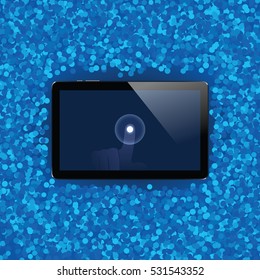 Digital tablet with shiny sensor screen with touch hand on holiday event confetti spray background. Electronic smart device. Mobile gadget. Vector illustration