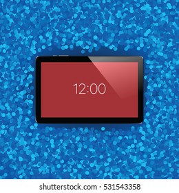 Digital tablet with shiny sensor screen on holiday event confetti spray background. Electronic smart device. Mobile gadget. Vector illustration
