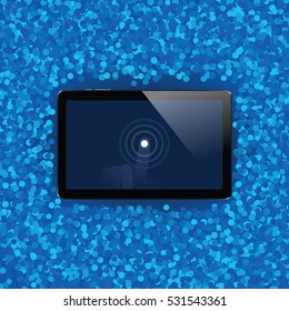 Digital tablet with shiny sensor screen with touch hand on holiday event confetti spray background. Electronic smart device. Mobile gadget. Vector illustration