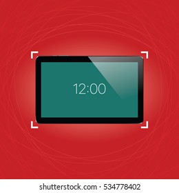 Digital tablet with shiny sensor screen on elegant abstract red background. Electronic smart device. Mobile gadget. Vector illustration