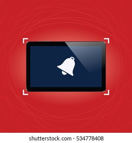 Digital tablet with shiny sensor screen on elegant abstract red background. Electronic smart device. Mobile gadget. Vector illustration