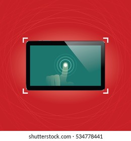 Digital tablet with shiny sensor screen with touch hand on elegant abstract red background. Electronic smart device. Mobile gadget. Vector illustration