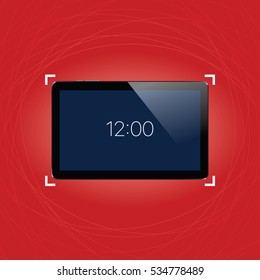 Digital tablet with shiny sensor screen on elegant abstract red background. Electronic smart device. Mobile gadget. Vector illustration