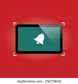 Digital tablet with shiny sensor screen on elegant abstract red background. Electronic smart device. Mobile gadget. Vector illustration