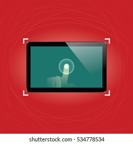 Digital tablet with shiny sensor screen with touch hand on elegant abstract red background. Electronic smart device. Mobile gadget. Vector illustration