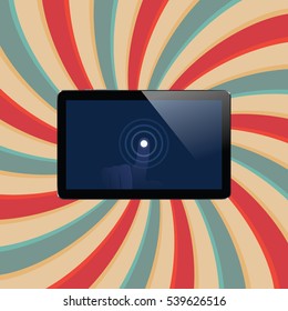 Digital tablet with shiny sensor screen with touch hand on abstract swirl colorful lines retro background. Electronic smart device. Mobile gadget. Vector illustration