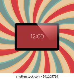 Digital tablet with shiny sensor screen on abstract swirl colorful lines retro background. Electronic smart device. Mobile gadget. Vector illustration